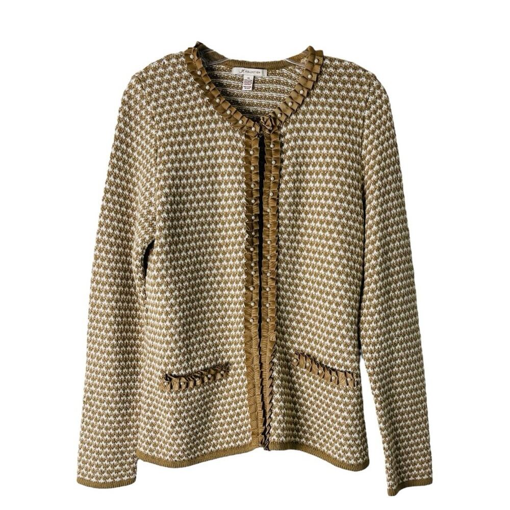 JM Collection tan white gold pearl knit ruffle preppy cardigan sweater medium
